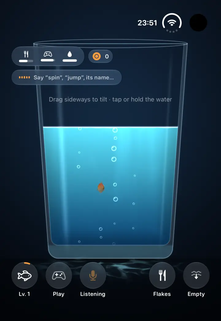 The fish swimming to the front of the glass while the app listens.