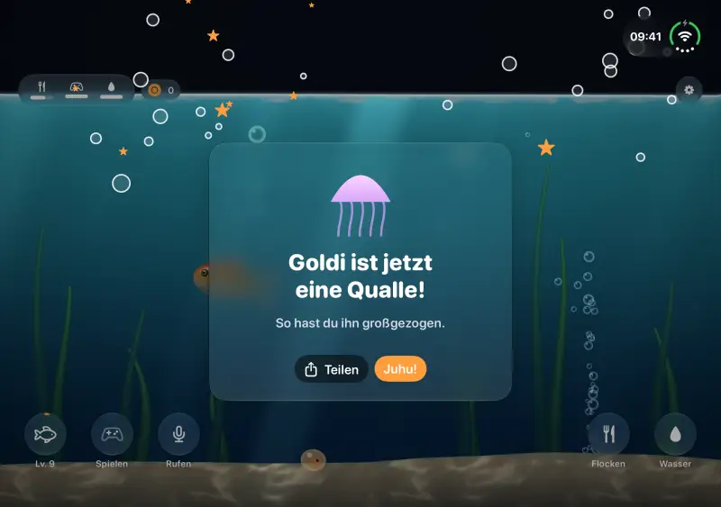 Eine leuchtende Qualle im Aquarium bei Nacht.