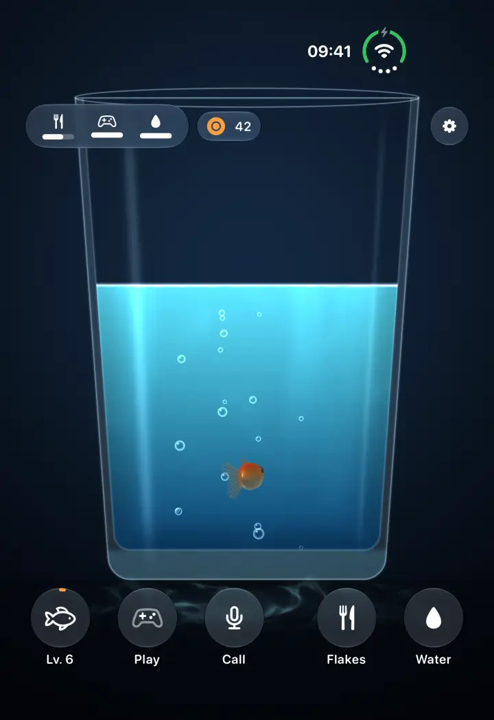 The closed iPhone Duo with a goldfish in a glass of water.
