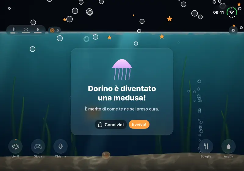 Una medusa luminosa nell'acquario di notte.