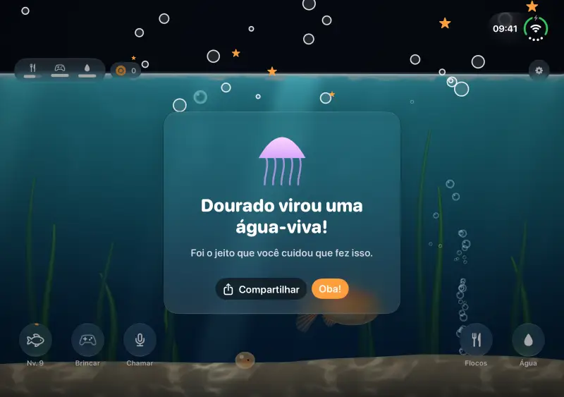 Uma água-viva brilhando no aquário à noite.