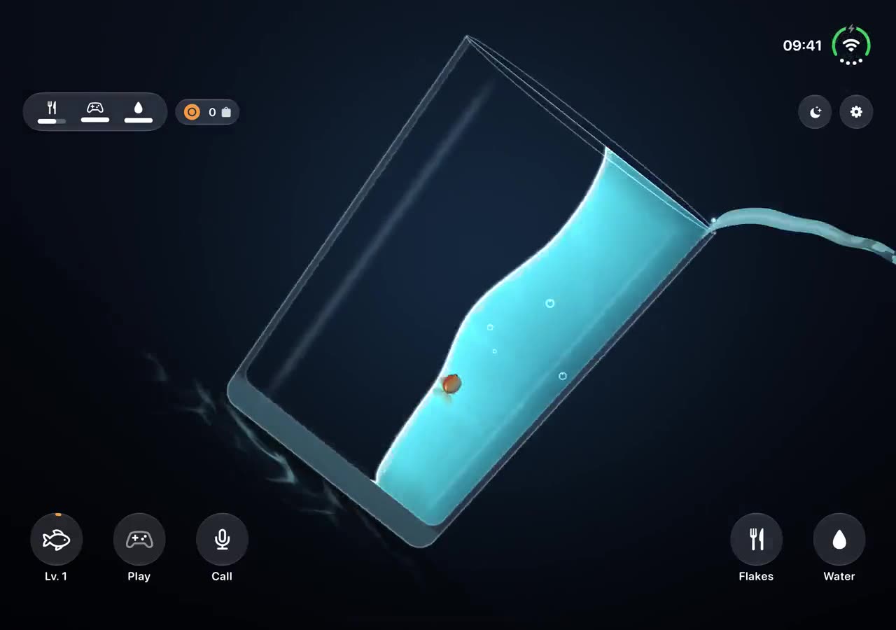 The open iPhone Duo: the water has poured across the fold into a wide aquarium.